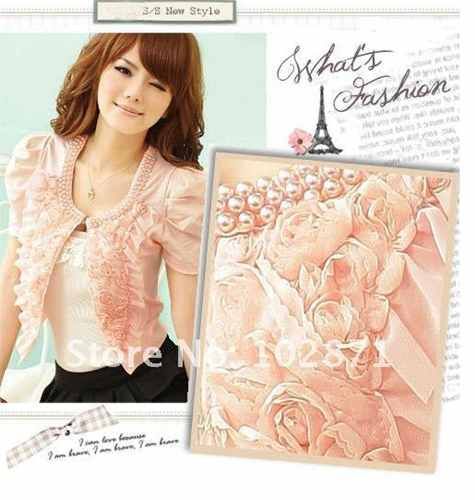 Casaco Casaquinho Bolero Cardigan Com Flores E Perolas